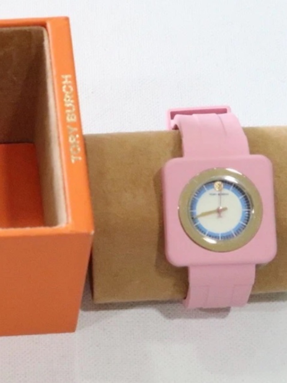 Tory Burch Izzie Watch Pink Silicone Square Watch with Gold Bezel 36 mm - Picture 6 of 15